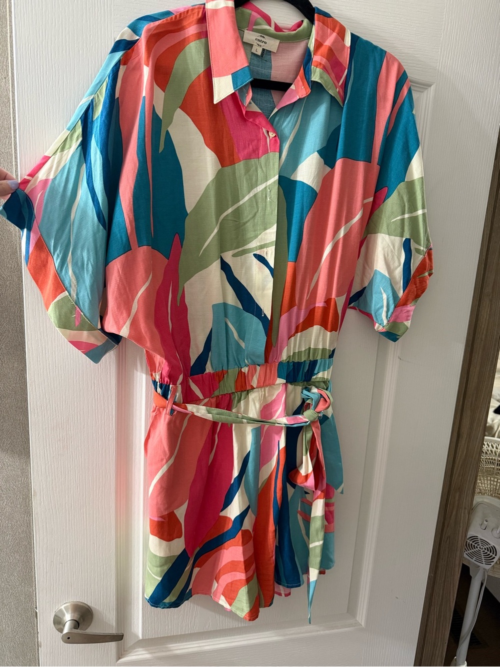 entro Multicolor Abstract Print Short Sleeve Romper - Pink, Teal, Coral